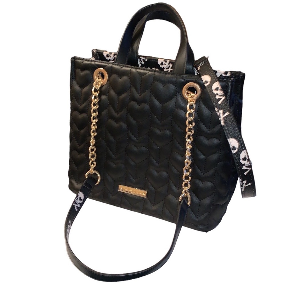 Betsey Johnson Skull and Heart Quilted Top Handle Chain Shoulder Handbag Black